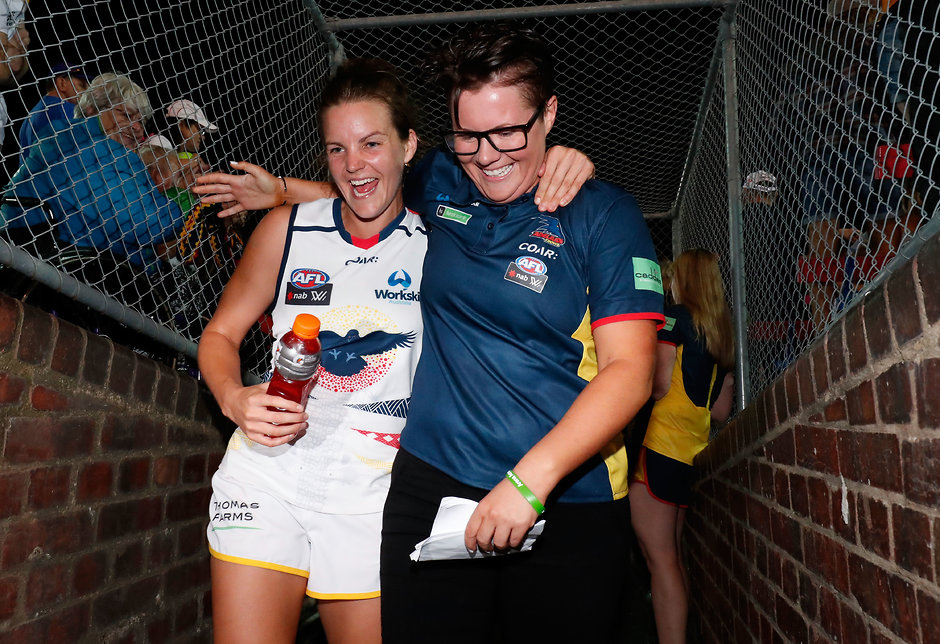 AFLW 2017 Rd 02 - Western Bulldogs v Adelaide MELBOURNE, AUSTRALIA - FEBRUARY 10: Bec Goddard, Senior Coach of the Crows celebrates with Sally Riley of the Crows during the 2017 AFLW Round 02 match between the Western Bulldogs and the Adelaide Crows at VU Whitten Oval on February 10, 2017 in Melbourne, Australia. (Photo by Adam Trafford/AFL Media)